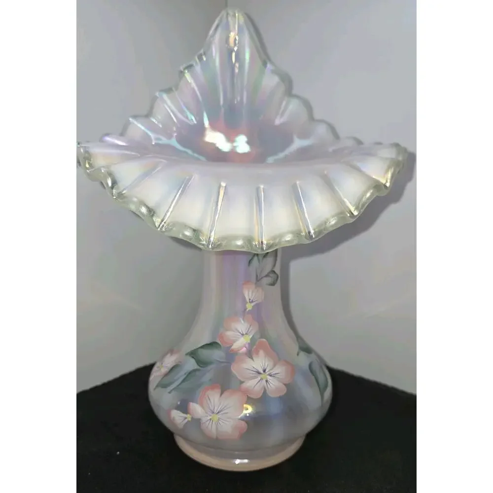 Vintage Fenton Hand-Painted Opalescent Ruffled Glass Floral Vase Signed